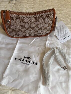 Coach Mini Shoulder Bag in Khaki Signature Canvas with Chestnut Trim